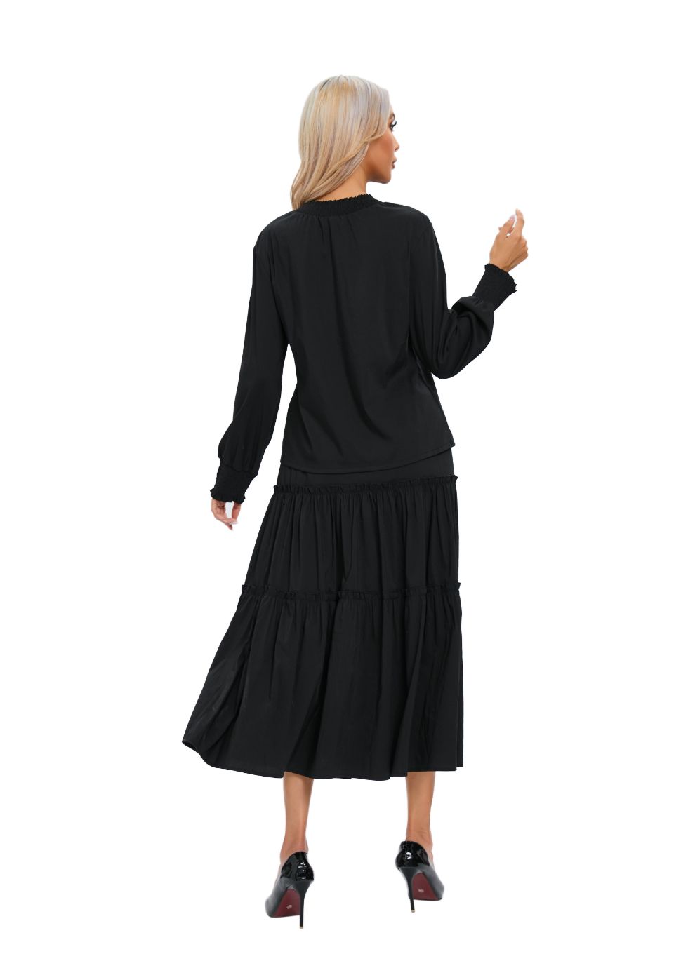 Black Tiered Midi Dress Outfit Set