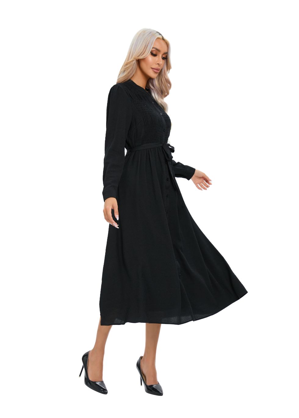 Mock Button Self Tie Midi Dress