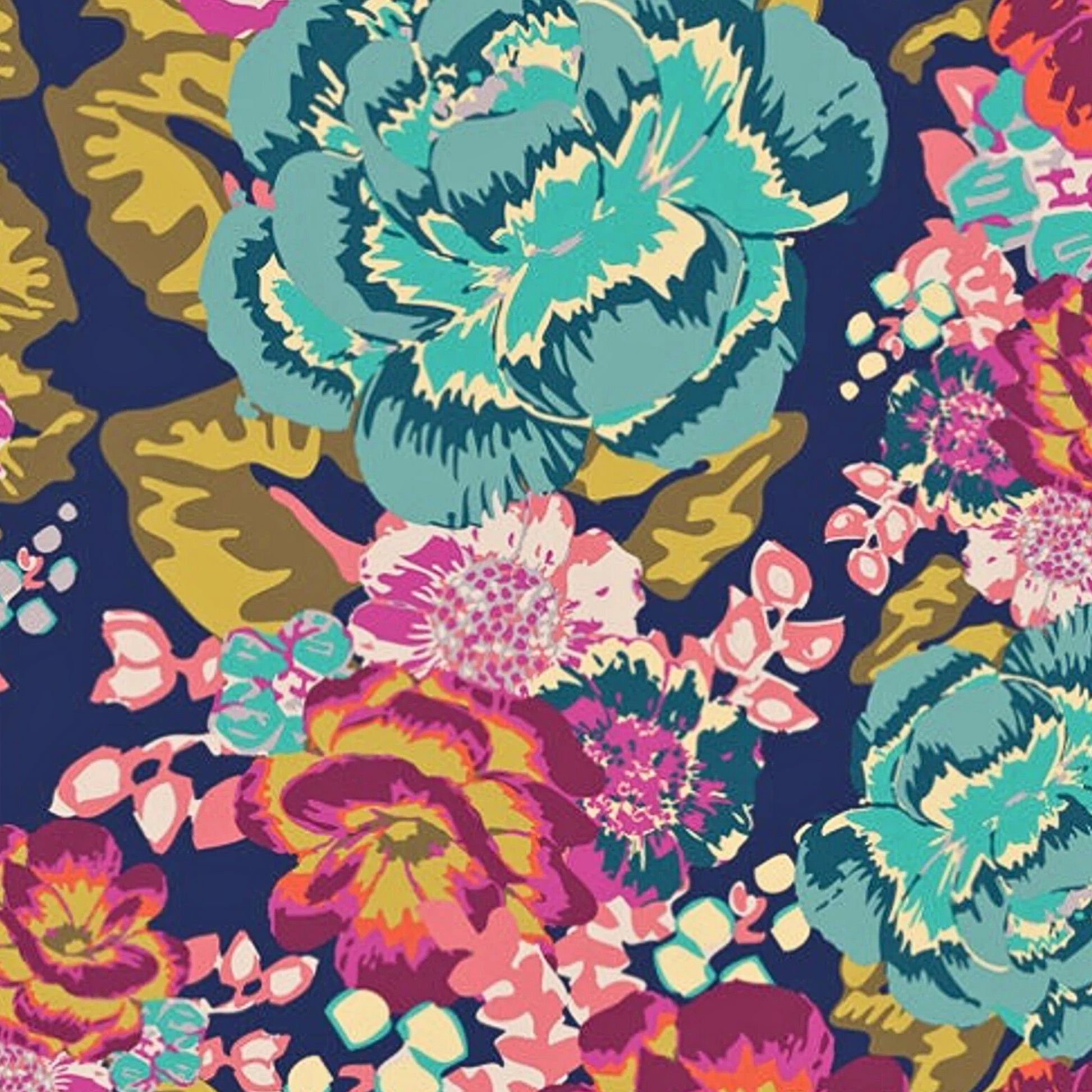 Colorful floral pattern with large flowers on a dark blue background
