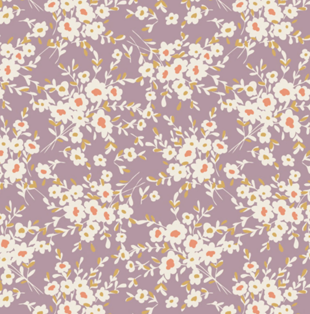 Floral pattern with small white flowers on a purple background