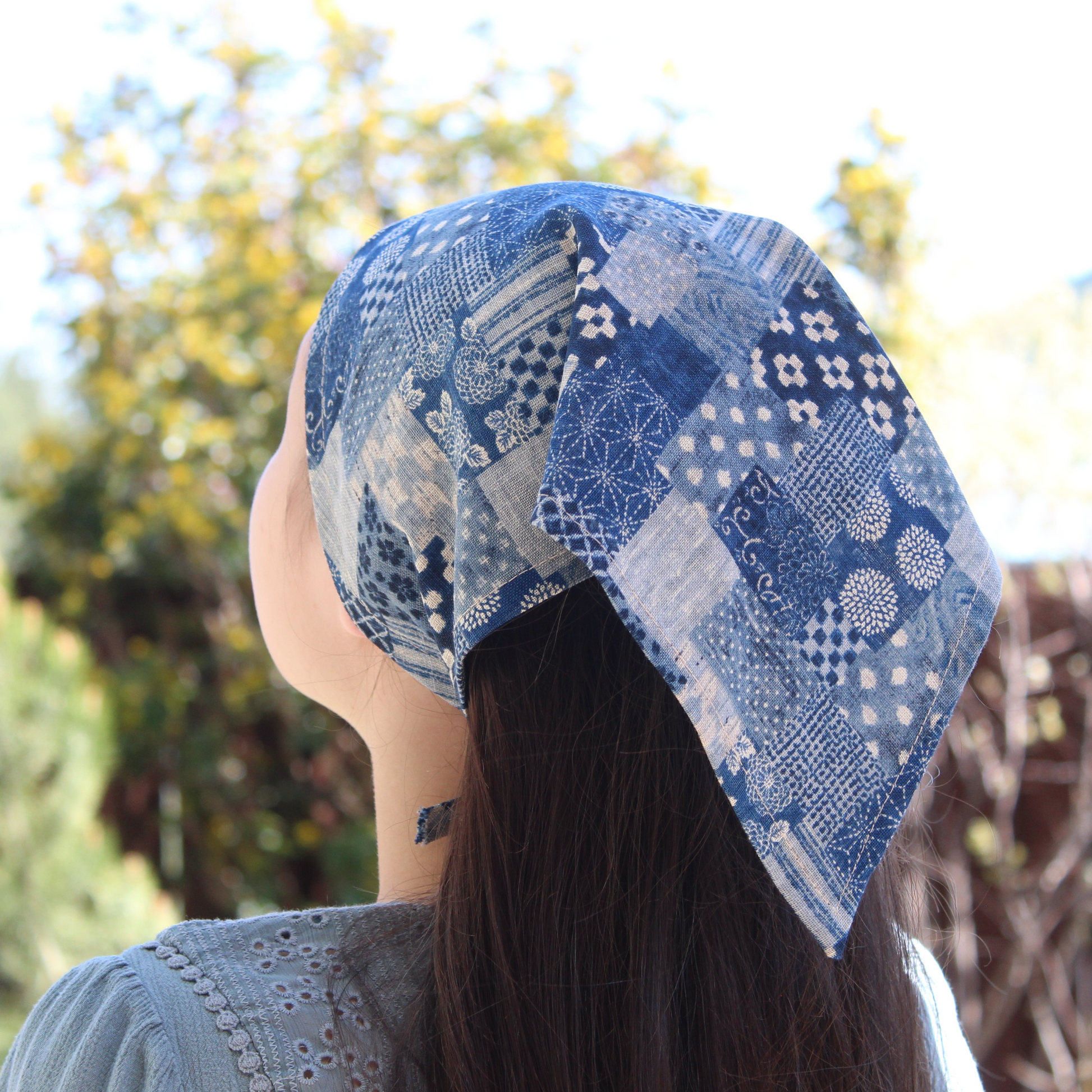 blue patchwork tichel head wrap